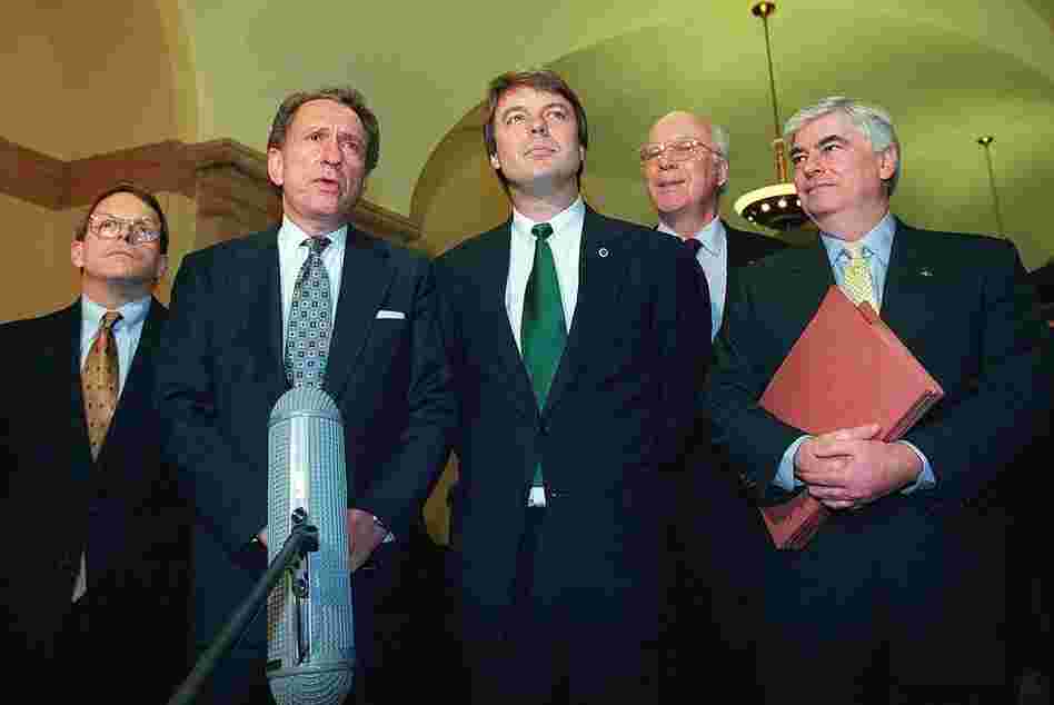 From left, U.S. Senators Mike DeWine, R-OH, Arlen Specter, R-PA, John Edwards, D-NC, Patrick Leahy, D-VT, and Christopher Dodd, D-CT meet with reporters. 