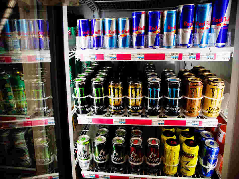 An assortment of energy drinks are offered at a drug store in Washington, D.C. Psychologists say they don't know enough about how caffeinated products like these affect teens and kids.
