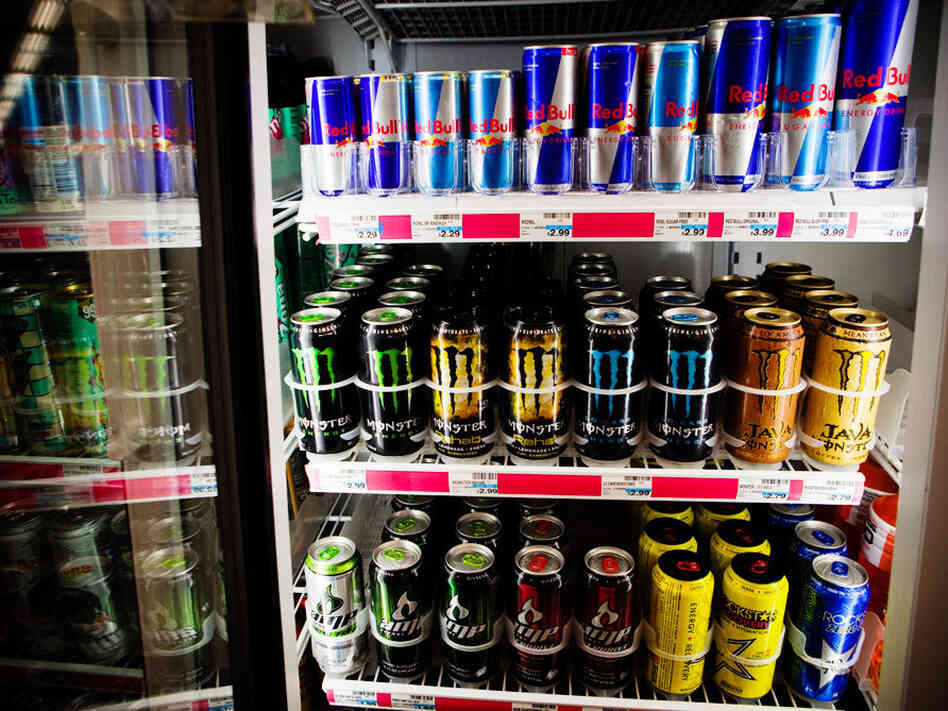 An assortment of energy drinks are offered at a drug store in Washington, D.C. Psychologists say they don't know enough about how caffeinated products like these affect teens and kids.