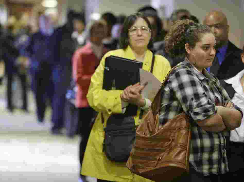 Job-seekers wait in line for a job fair to open in Independence, Ohio, last month. Employers added only 54,000 jobs in May, compared to more than 200,000 jobs a month earlier. Job-seekers wait in line for a job fair to open in Independence, Ohio, last month. Employers added only 54,000 jobs in May, compared to more than 200,000 jobs a month earlier.