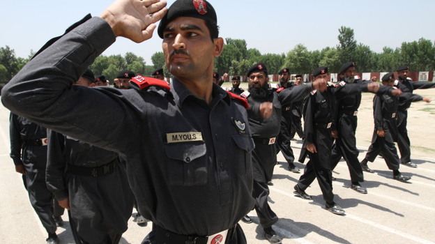 Frontier Constabulary soldiers drill on the parade ground at Shabqadar Fort. Their traditions date back to the 1920s, when the British founded this force to patrol what was then part of India. Frontier Constabulary soldiers drill on the parade ground at Shabqadar Fort. Their traditions date back to the 1920s, when the British founded this force to patrol what was then part of India.