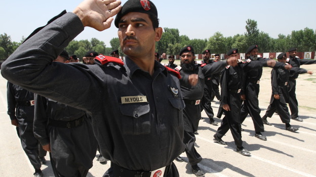 Frontier Constabulary soldiers drill on the parade ground at Shabqadar Fort. Their traditions date back to the 1920s, when the British founded this force to patrol what was then part of India.