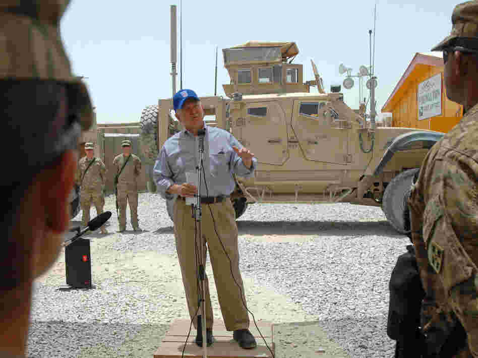 Defense Secretary Robert Gates has sought to raise rates on military health insurance paid by working-age retirees. This week, he spoke to troops at Forward Operating Base Walton in Kandahar, Afghanistan.