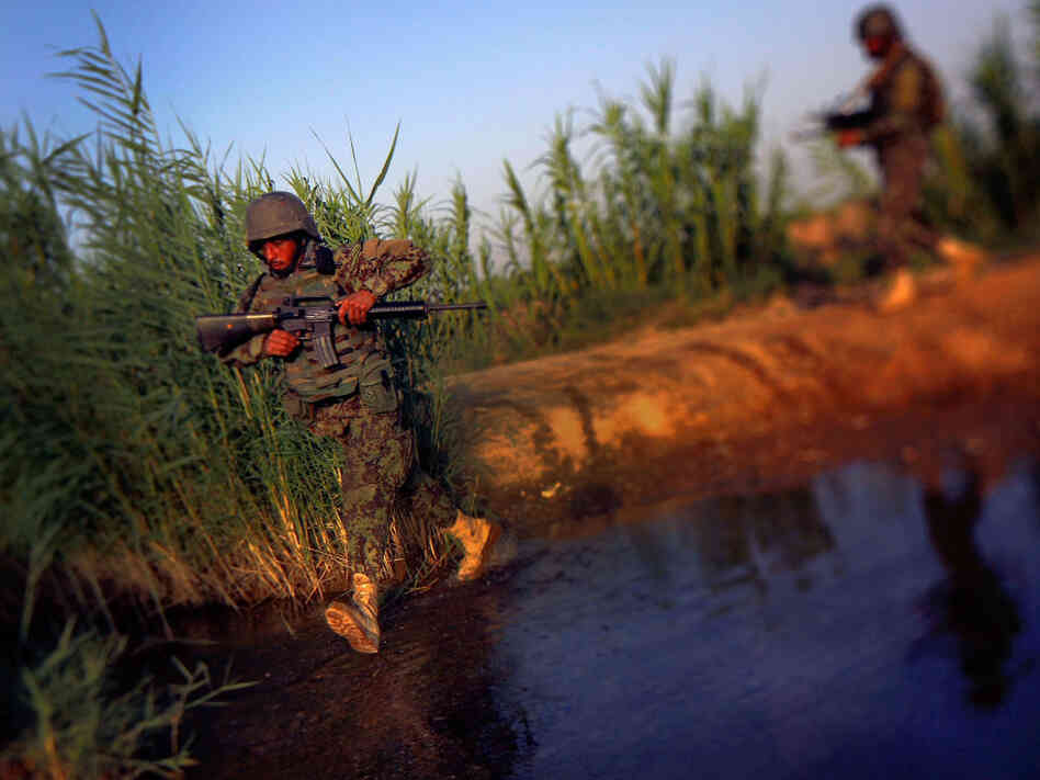Afghan National Army Soldiers cross a stream while on a joint patrol with U.S. Marines in Northern Marjah, Helmand Province, Afghanistan.