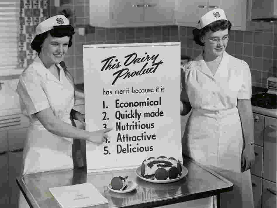 Two government nutritionists explain the merits of their dairy dessert. One of the few science jobs available to women in the 1950s was in the field of home economics.