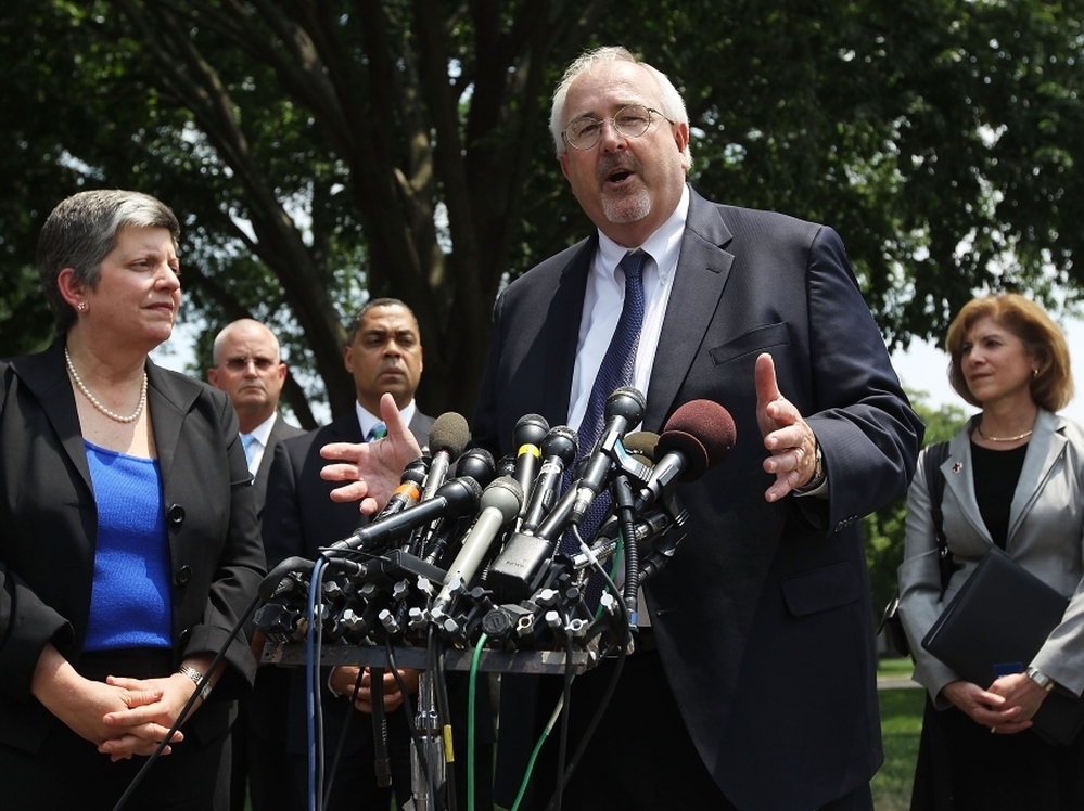 FEMA Director William Craig Fugate speaks to the media as U.S. Homeland Security Secretary Janet Napolitano (left) and American Red Cross President and CEO Gail McGovern (right) listen after a meeting with President Obama at the White House earlier this month. Obama was briefed on the 2011 hurricane season.