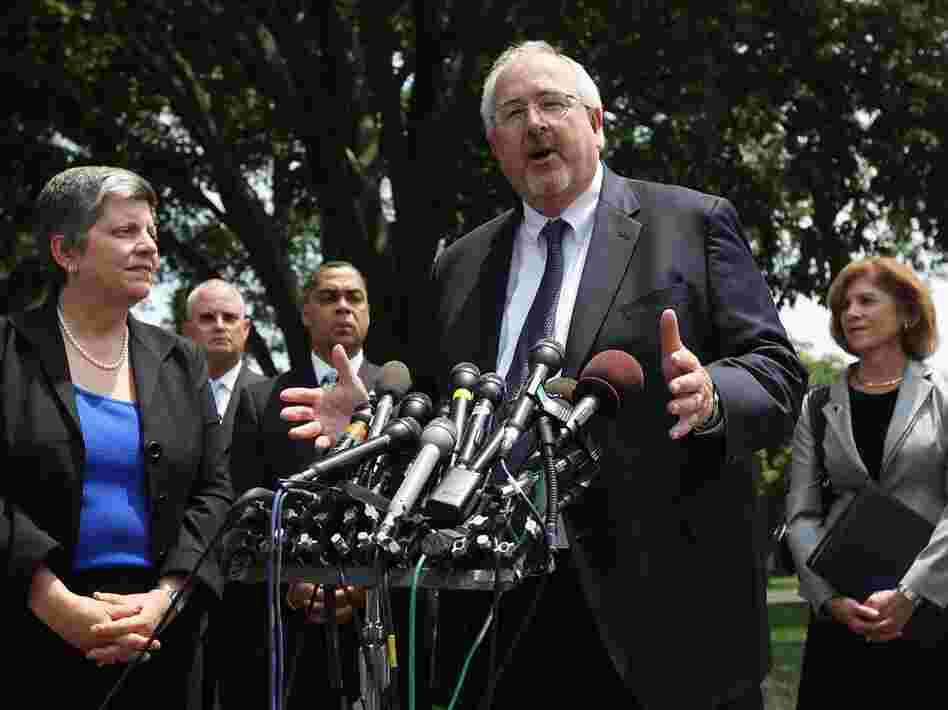 FEMA Director William Craig Fugate speaks to the media as U.S. Homeland Security Secretary Janet Napolitano (left) and American Red Cross President and CEO Gail McGovern (right) listen after a meeting with President Obama at the White House earlier this month. Obama was briefed on the 2011 hurricane season.