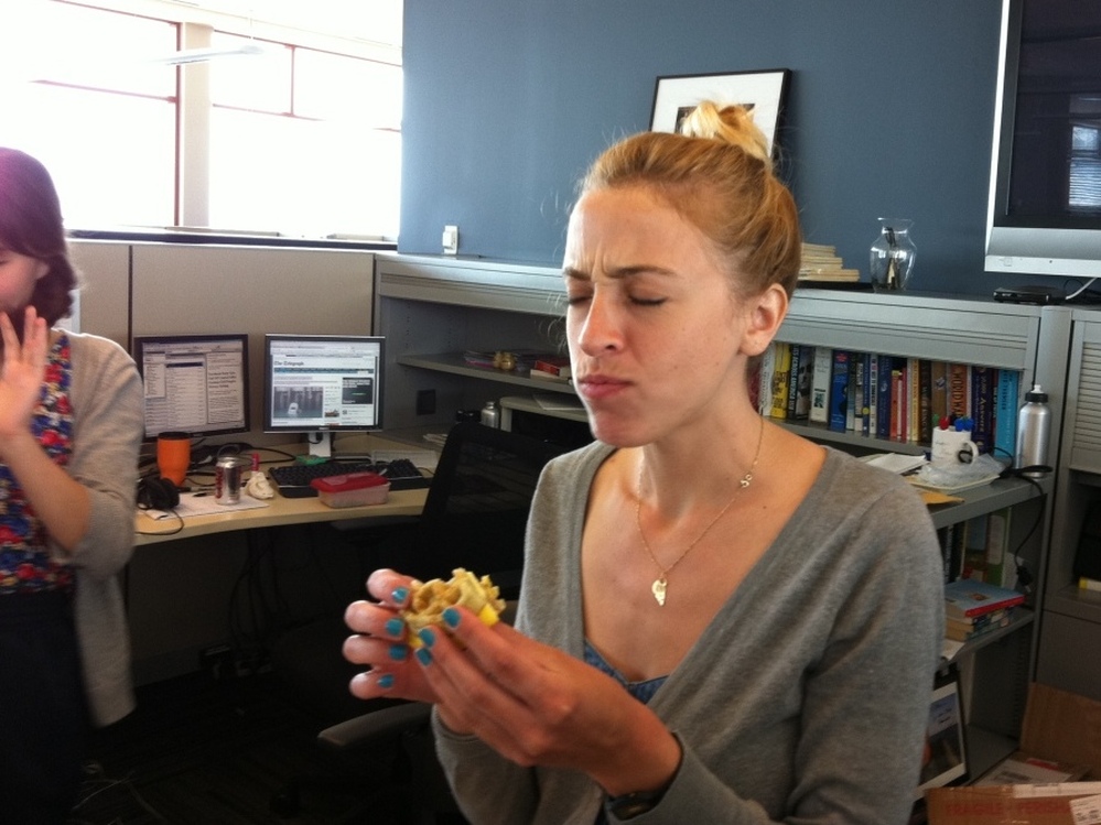 It may seem like Eva's savoring this sandwich. In reality, she's concentrating to keep the memory of it from sticking to her brain.