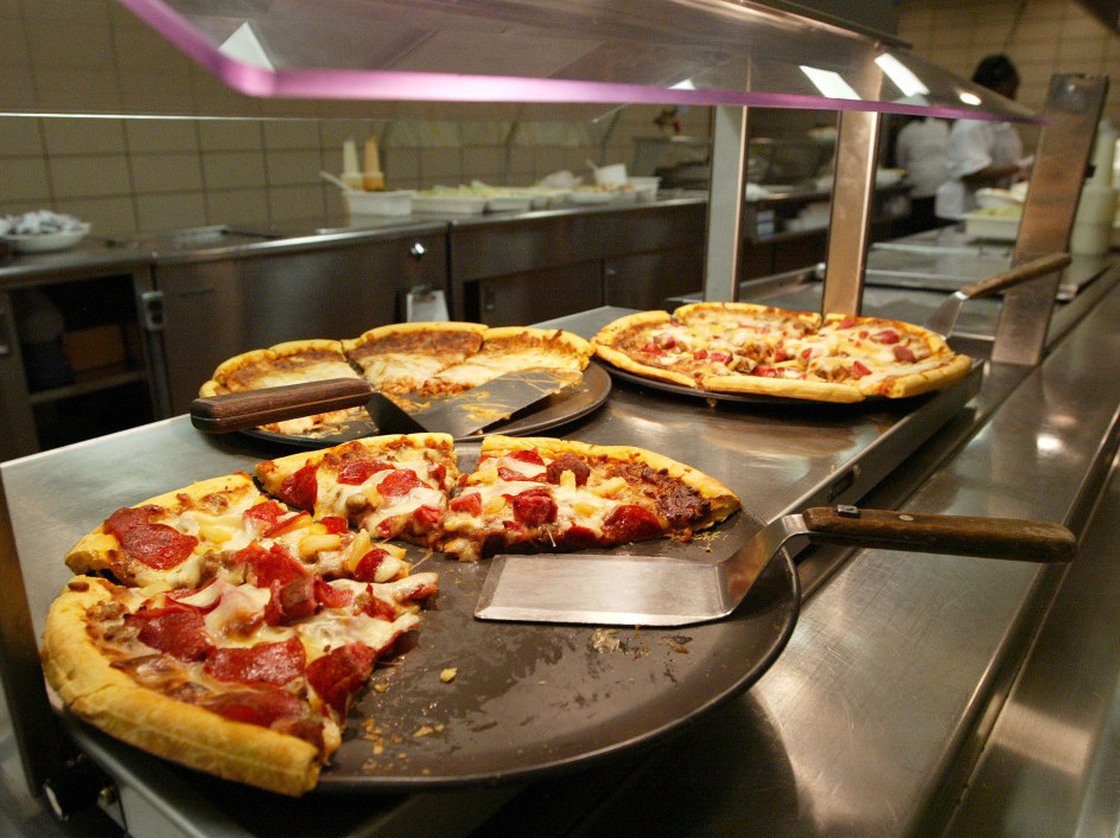 Pizzas in the lunchroom at a Chicago high school.