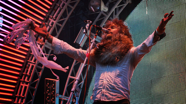 Wayne Coyne on stage performing with The Flaming Lips at Sasquatch Music Festival Memorial Day weekend.
