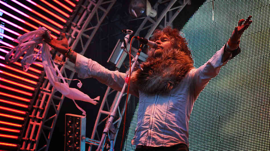 Wayne Coyne on stage performing with The Flaming Lips at Sasquatch Music Festival Memorial Day weekend.