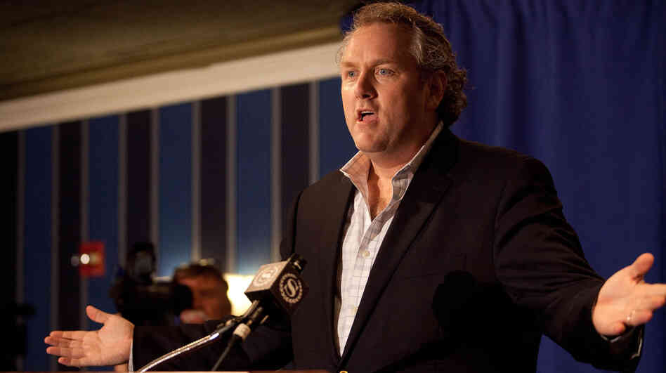 Andrew Breitbart, who runs BigGovernment.com, speaks to the media before a press conference held by Rep. Anthony Weiner on Monday.