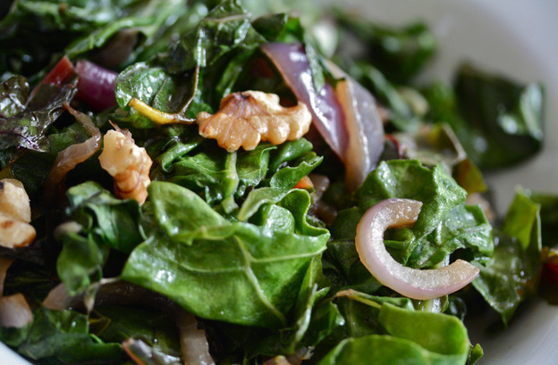 Wilted Greens With Caramelized Red Onion And Toasted Walnuts