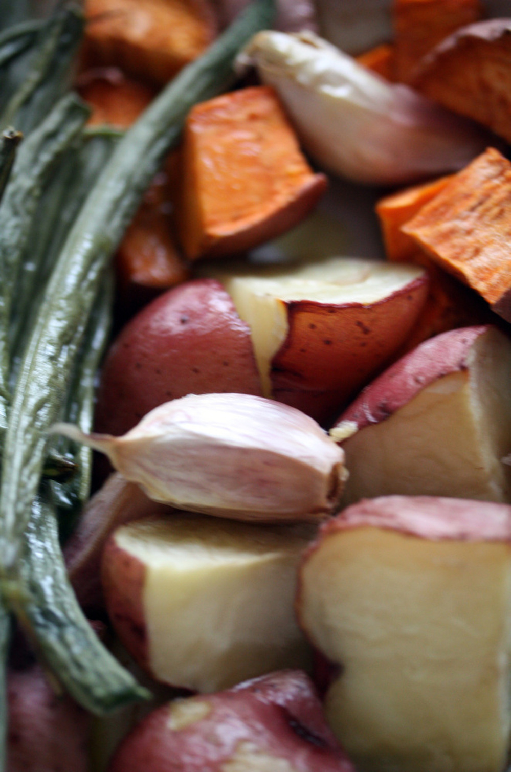 Roasted Red And Sweet Potatoes With Green Beans And Garlic
