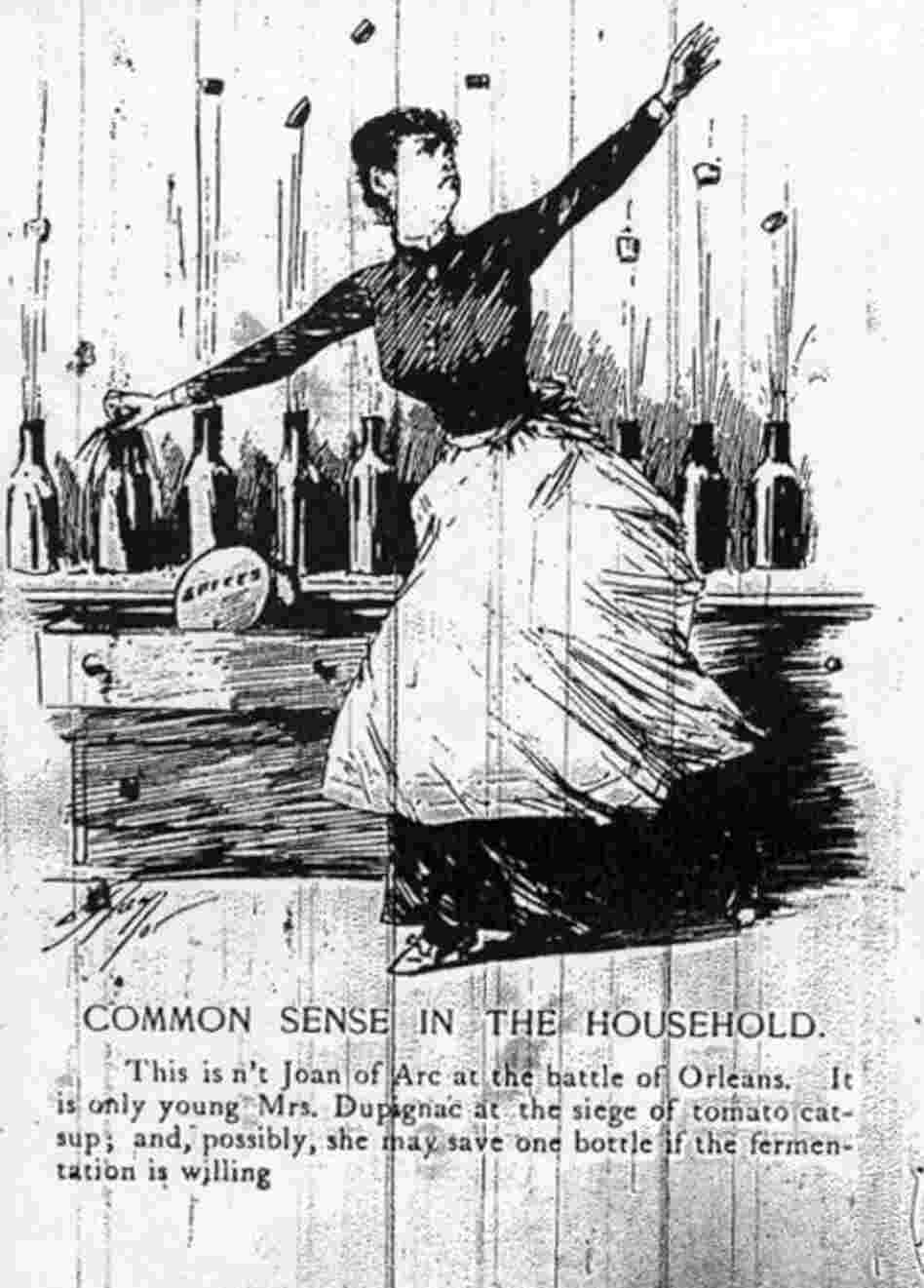 This drawing illustrates the dangers of ketchup in the mid-19th century. "Catsup" was prepared from the refuse of canneries: tomato skins, cores, peels, and sometimes rotten tomatoes. Fermentation often caused the bottles to explode. 