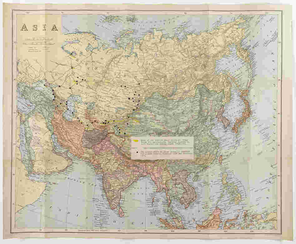 The black dots on this map of Asia show where Meyer searched for plants between November 1909 and November 1911. 