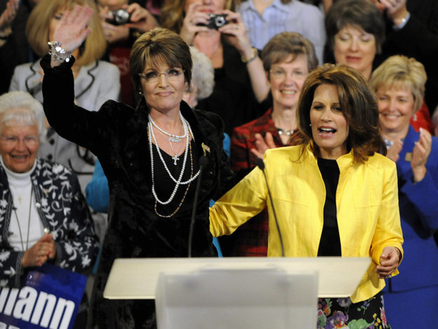 Sarah Palin and Rep. Michele Bachmann at a Minneapolis rally, April 2010.