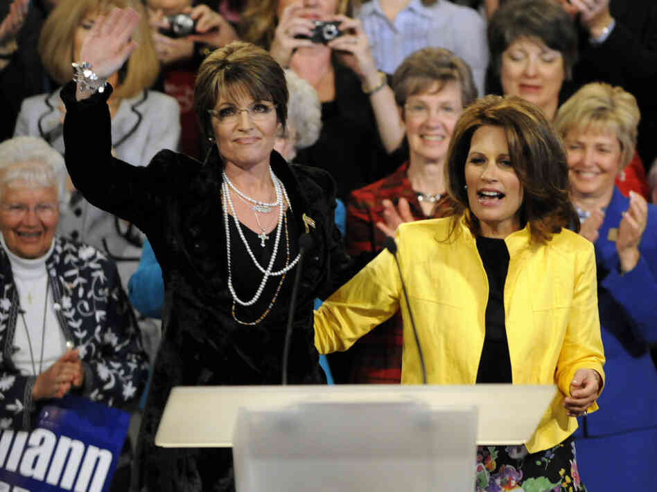 Sarah Palin and Rep. Michele Bachmann at a Minneapolis rally, April 2010.