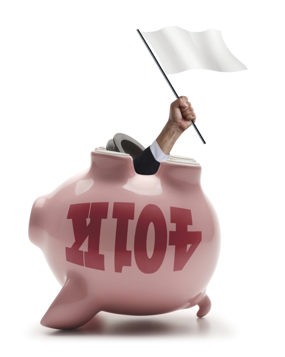 The upside down piggy bank is a symbolic look at the destruction of retirement savings.