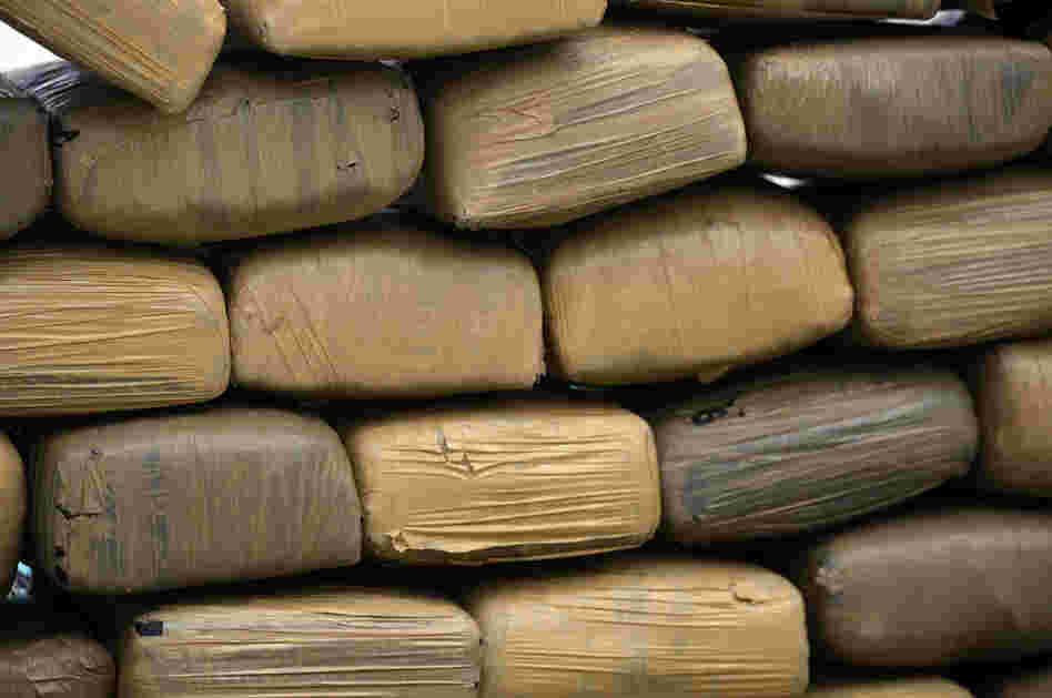 Bricks of confiscated marijuana are stacked in Miami Beach, Florida in September of 2009.