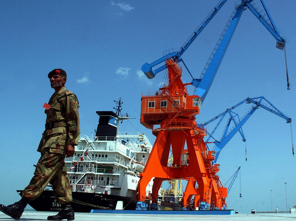 A Pakistani soldier patrols the Gwadar port in  southwestern Pakistan in 2007. Eighty percent of the port's initial funding was provided by China.