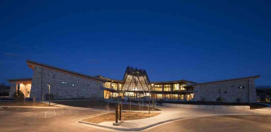With its upward-sloping wings, the new Southern Ute Museum and Cultural Center is designed to resemble an eagle, a sacred symbol for the tribe. With its upward-sloping wings, the new Southern Ute Museum and Cultural Center is designed to resemble an eagle, a sacred symbol for the tribe.