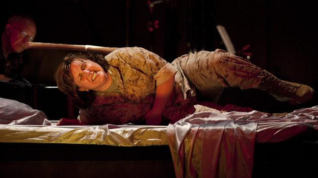Soprano Dawn Upshaw as a returning soldier in the dress rehearsal of George Crumb's Winds Of Destiny at the Ojai Festival in California.