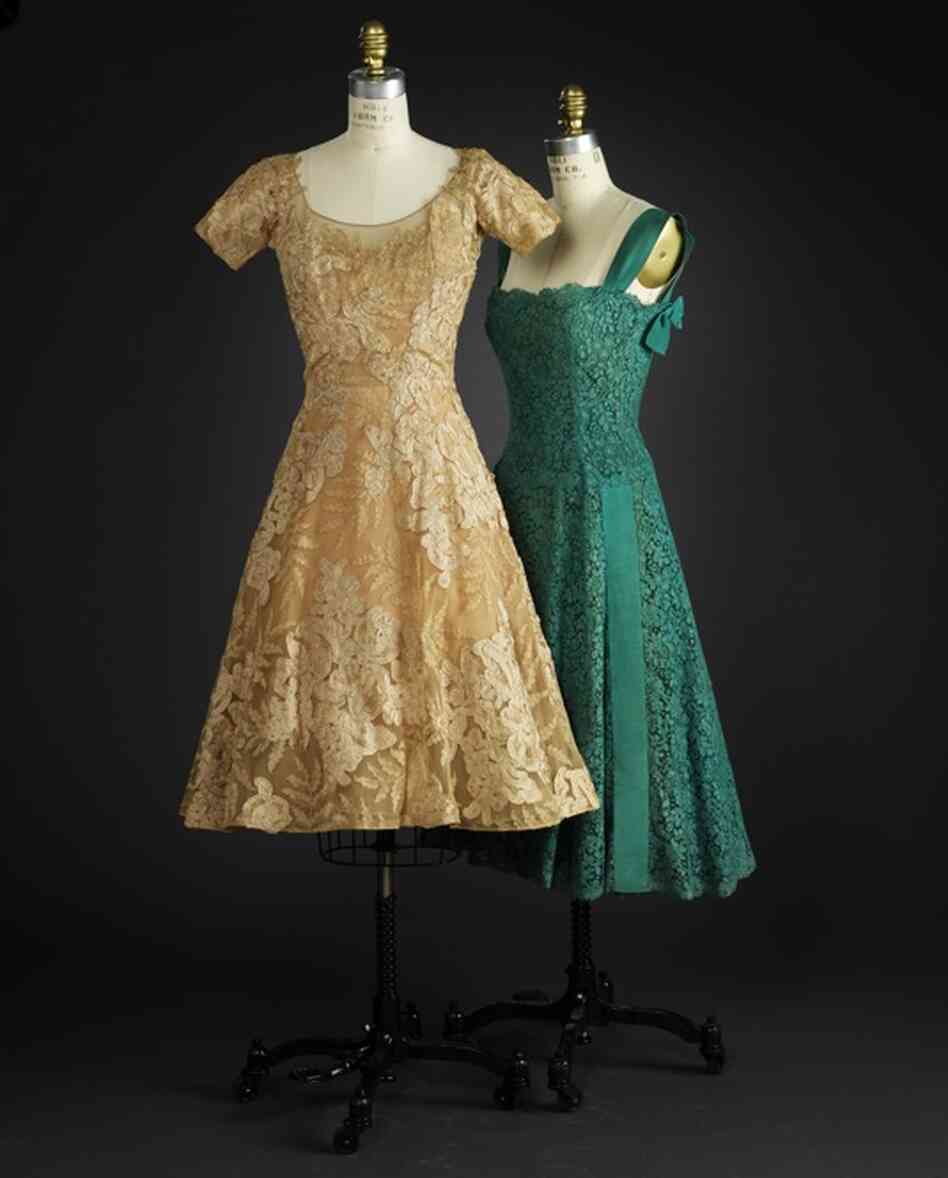 Evening dress, ca. 1950, by Philip HulitarNylon, acetate, cotton, gauze weave, Alencon-type machine lace, hand appliqued