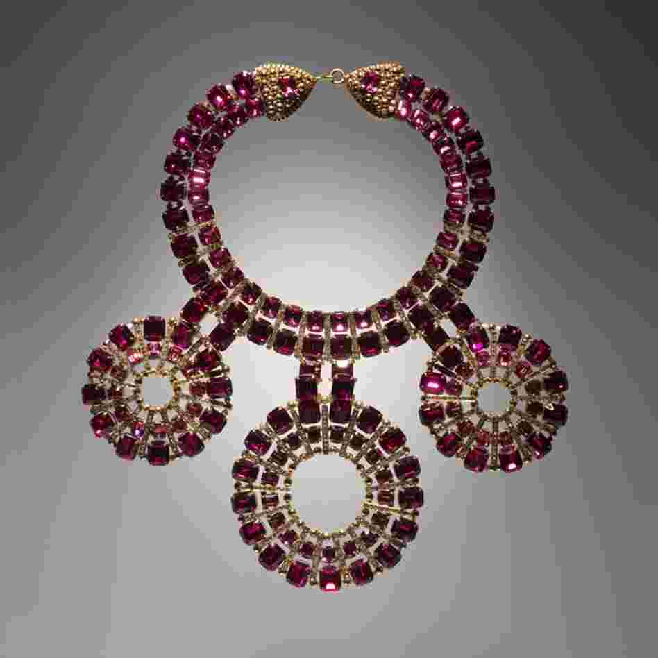 Necklace with three circular pendants, 1970, by Coppola e Toppo for ValentinoGold-plated metal, metal beads, Swarovski crystals, rhinestones