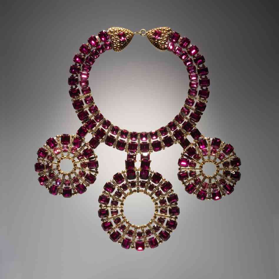 Necklace with three circular pendants, 1970, by Coppola e Toppo for ValentinoGold-plated metal, metal beads, Swarovski crystals, rhinestones