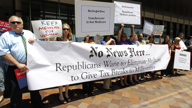 Dozens of Medicare advocates gather outside the Newseum in Washington, D.C., on Monday. (AP)