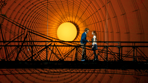 Reeve Carney (left) as Peter Parker and Jennifer Damiano as Mary Jane Watson on the Spider-Man set at the Foxwoods Theatre. Carney previously starred in Taymor's film  The Tempest; Damiano earned a Tony nomination in 2009 for her performance in Next to Normal.