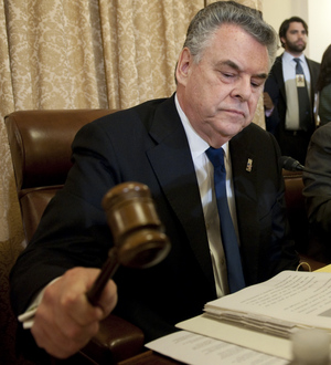 U.S. Representative Peter King of New York, Chairman of the Committee on Homeland Security, uses his gavel to begin the first in a series of hearings on radicalization in the American Muslim community on Capitol Hill in Washington, DC, March 10, 2011. The hearings have gotten heat from civil liberties groups who say there is not enough evidence. U.S. Representative Peter King of New York, Chairman of the Committee on Homeland Security, uses his gavel to begin the first in a series of hearings on radicalization in the American Muslim community on Capitol Hill in Washington, DC, March 10, 2011. The hearings have gotten heat from civil liberties groups who say there is not enough evidence.