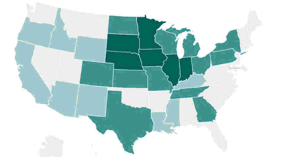 Map of the United States, breaking down ethanol production by state. Map of the United States, breaking down ethanol production by state.