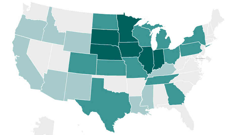 Map of the United States, breaking down ethanol production by state.