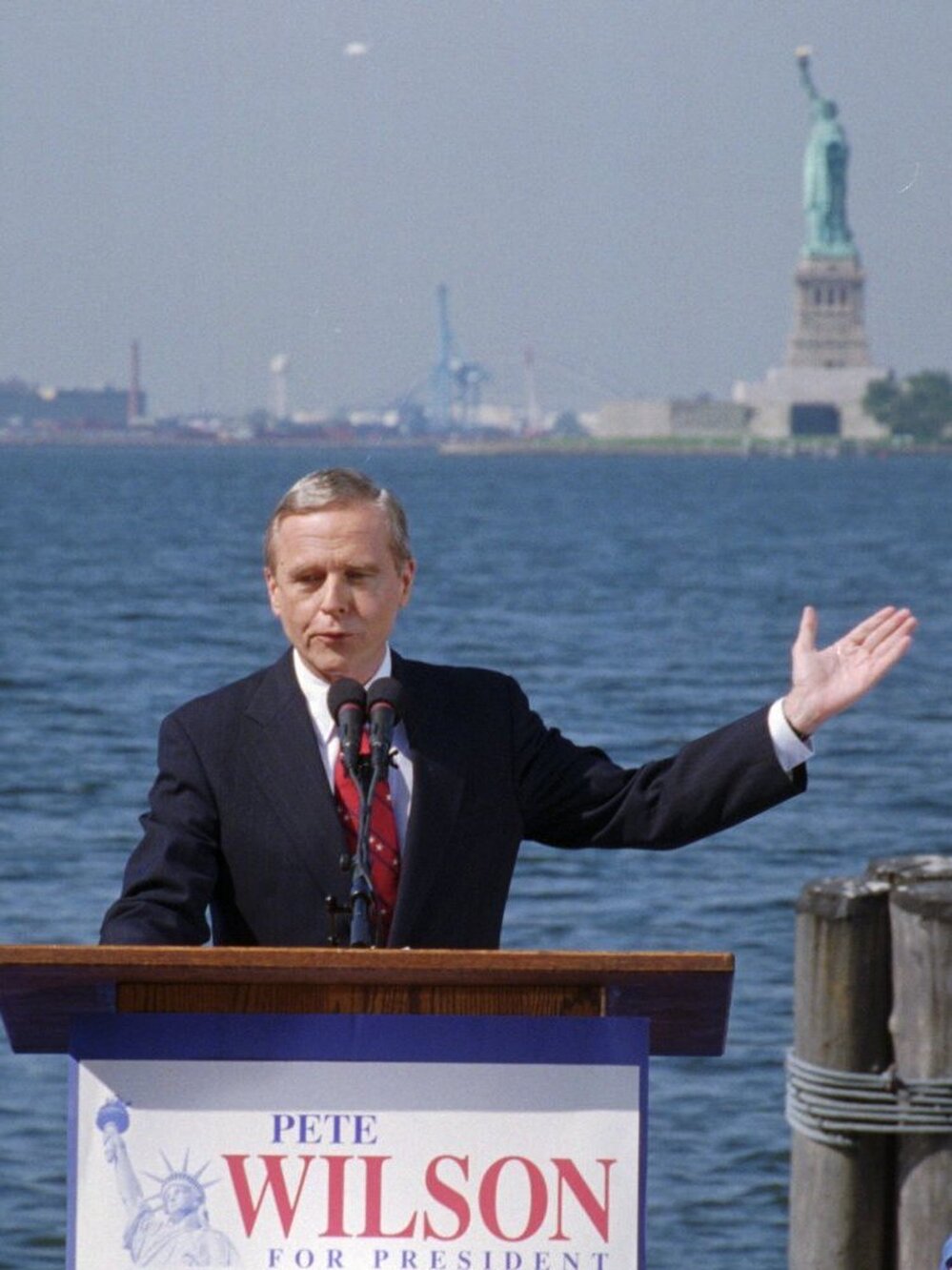 Then-California Gov. Pete Wilson announcing his presidential run on August 28, 1995.