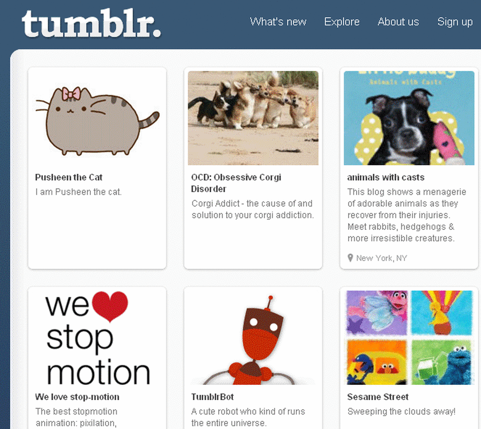 A screen shot of Tumblr's website.