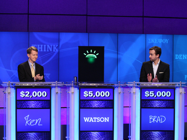 Contestants Ken Jennings, Brad Rutter and IBM's computer named Watson compete on Jeopardy! earlier this year.