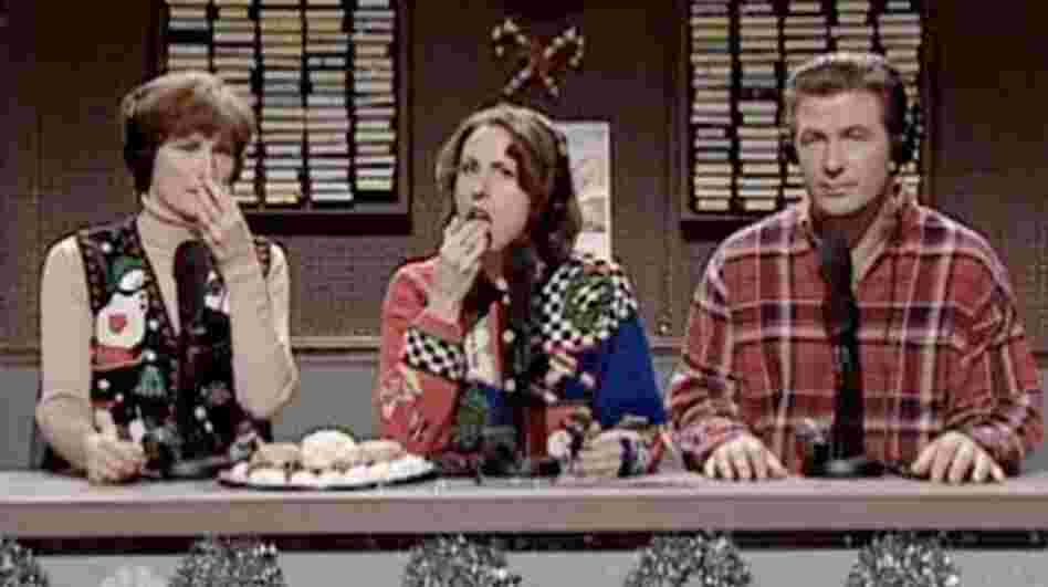 A screenshot from a Saturday Night Live skit about an NPR show called "Delicious Dish."