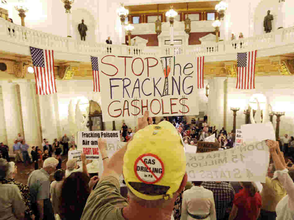 An environmental clean water protester participates in a rally at the Pennsylvania state capitol in Harrisburg against the drilling of the Marcellus Shale natural gas formation.