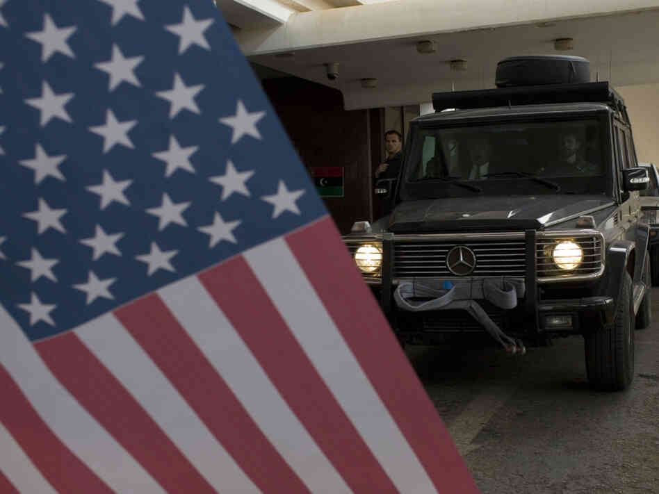 Sen. John McCain's convoy leaves the Tebisty Hotel in Benghazi, Libya in April 2011. McCain's national security hawkishness is shared by fewer Republicans.