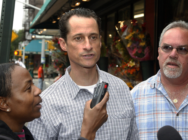Rep. Anthony Weiner interviewed by journalists near his Queens home, Saturday, June 11, 2011. (AP)