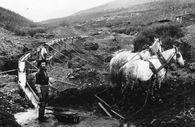 Nineteenth-century prospectors pan for gold in the Klondike region of Canada's Yukon Territory.