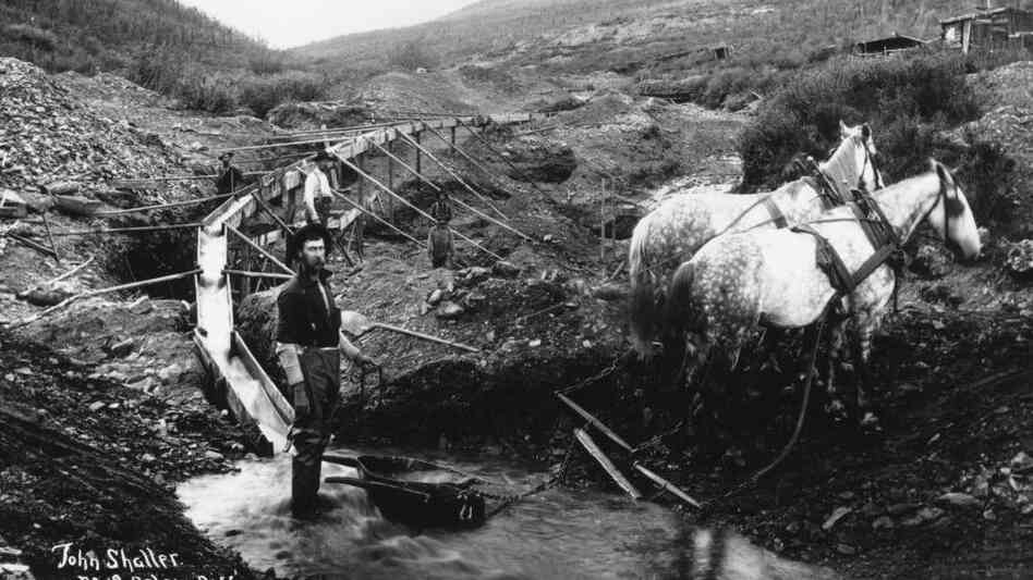 Nineteenth-century prospectors pan for gold in the Klondike region of Canada's Yukon Territory.
