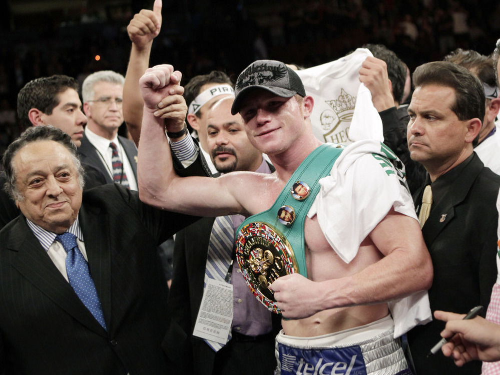 Saul Alvarez celebrates after his win over Matthew Hatton in their WBC super welterweight title boxing match on March 5. Alvarez will defend his title on Saturday in Guadalajara, against challenger Ryan Rhodes.