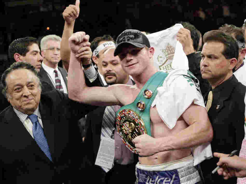Saul Alvarez celebrates after his win over Matthew Hatton in their WBC super welterweight title boxing match on March 5. Alvarez will defend his title on Saturday in Guadalajara, against challenger Ryan Rhodes.