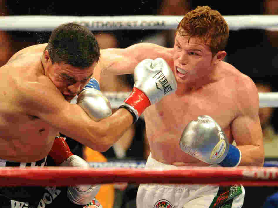 Saul Alvarez of Mexico (right) lands a punch before knocking out opponent Carlos Baldomir of Argentina at a fight in 2010. In March, Alvarez became the WBC super welterweight champion and will defend the title Saturday in his hometown of Guadalajara.