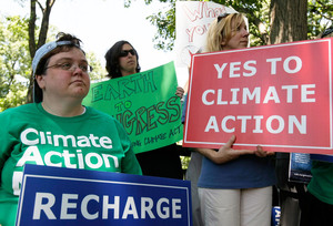 In 2008, activists held posters as the Senate opened debate on the bipartisan Climate Security Act. Back in 2006, 77 percent of the public believed in global warming. Today, less than 60 percent do, according to Pew Research. In 2008, activists held posters as the Senate opened debate on the bipartisan Climate Security Act. Back in 2006, 77 percent of the public believed in global warming. Today, less than 60 percent do, according to Pew Research.
