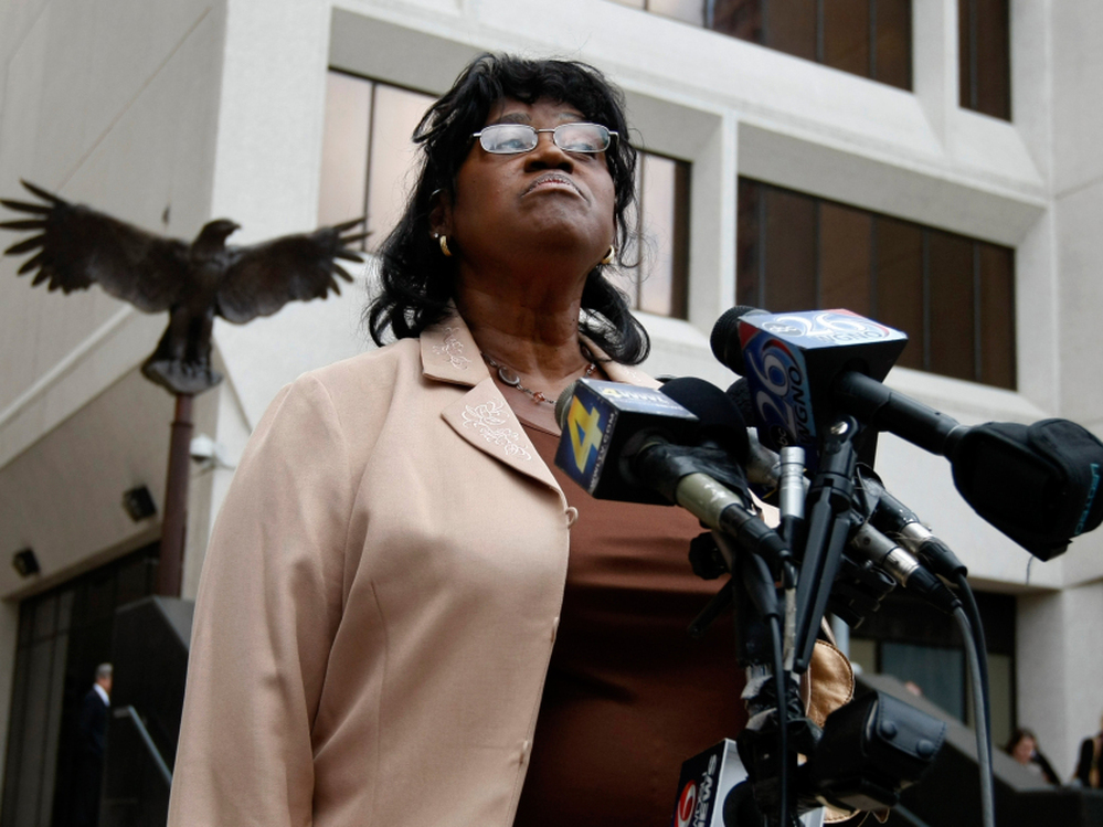 Sherrel Johnson, mother of James Brisette, who was killed on the Danziger Bridge after Hurricane Katrina, speaks to reporters in 2010.