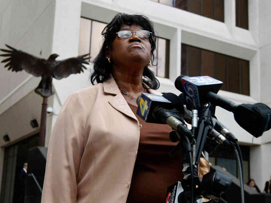 Sherrel Johnson, mother of James Brisette, who was killed on the Danziger Bridge after Hurricane Katrina, speaks to reporters in 2010.